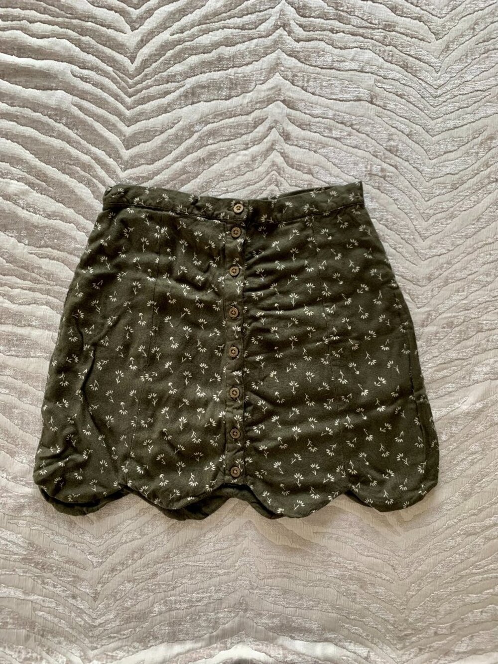 Olive Green Full Button Down Scalloped Skirt | Dark Green Floral Mini Skirt
